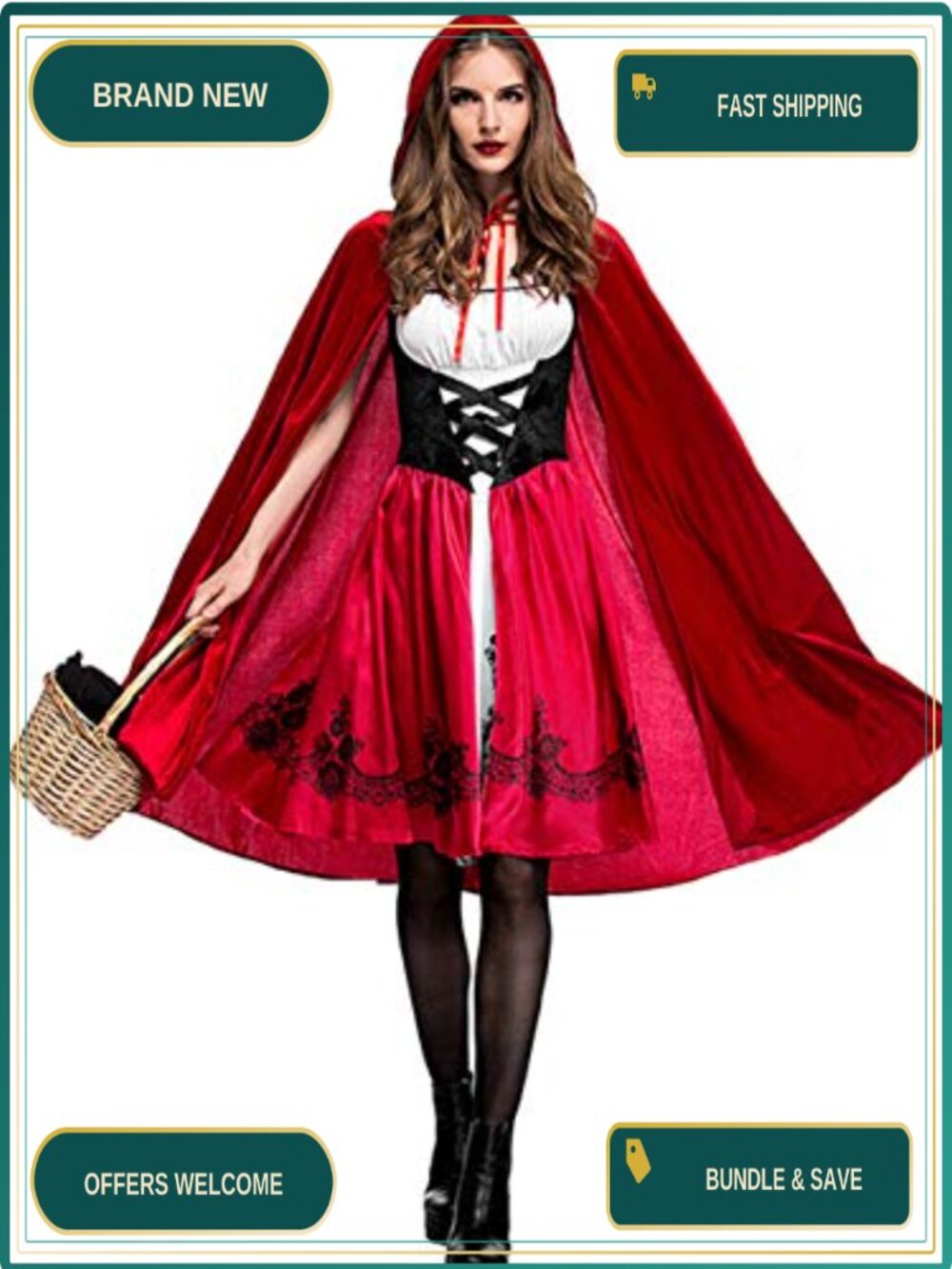 Little Red Riding Hood Costume Set Velvet Cape Corset Dress Halloween